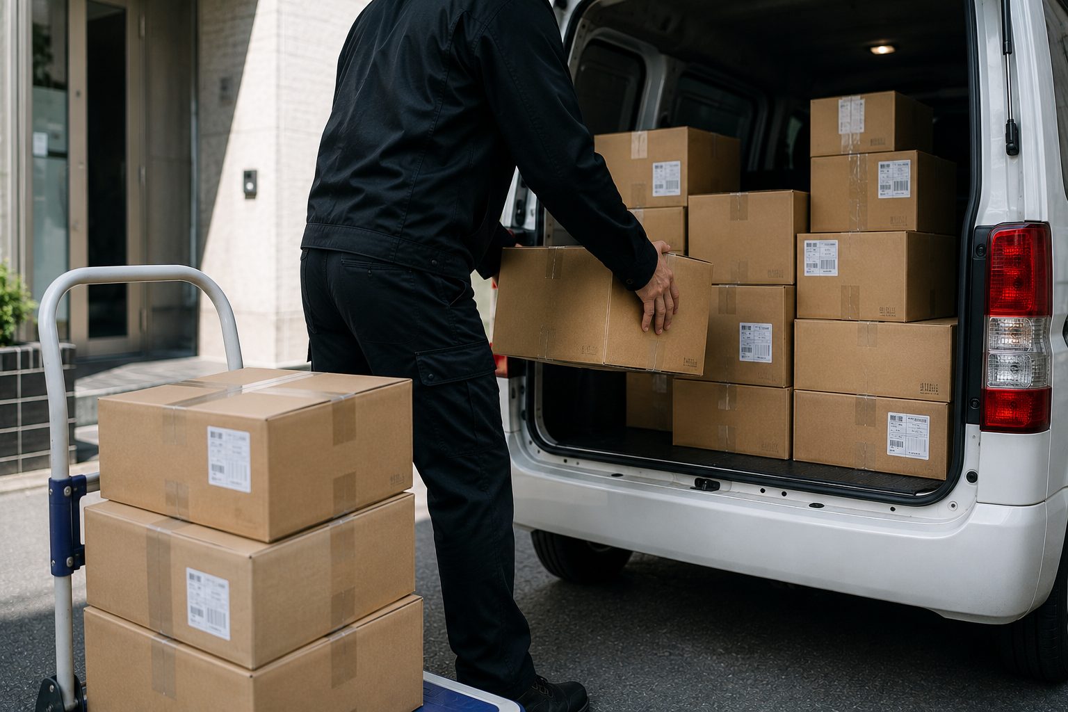 荷物を軽バンに積み込むスタッフ