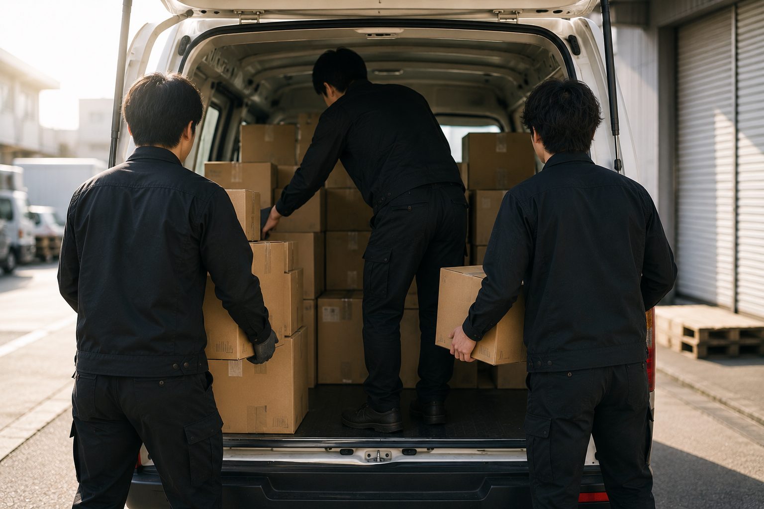 複数人で荷物を積み込むスタッフ